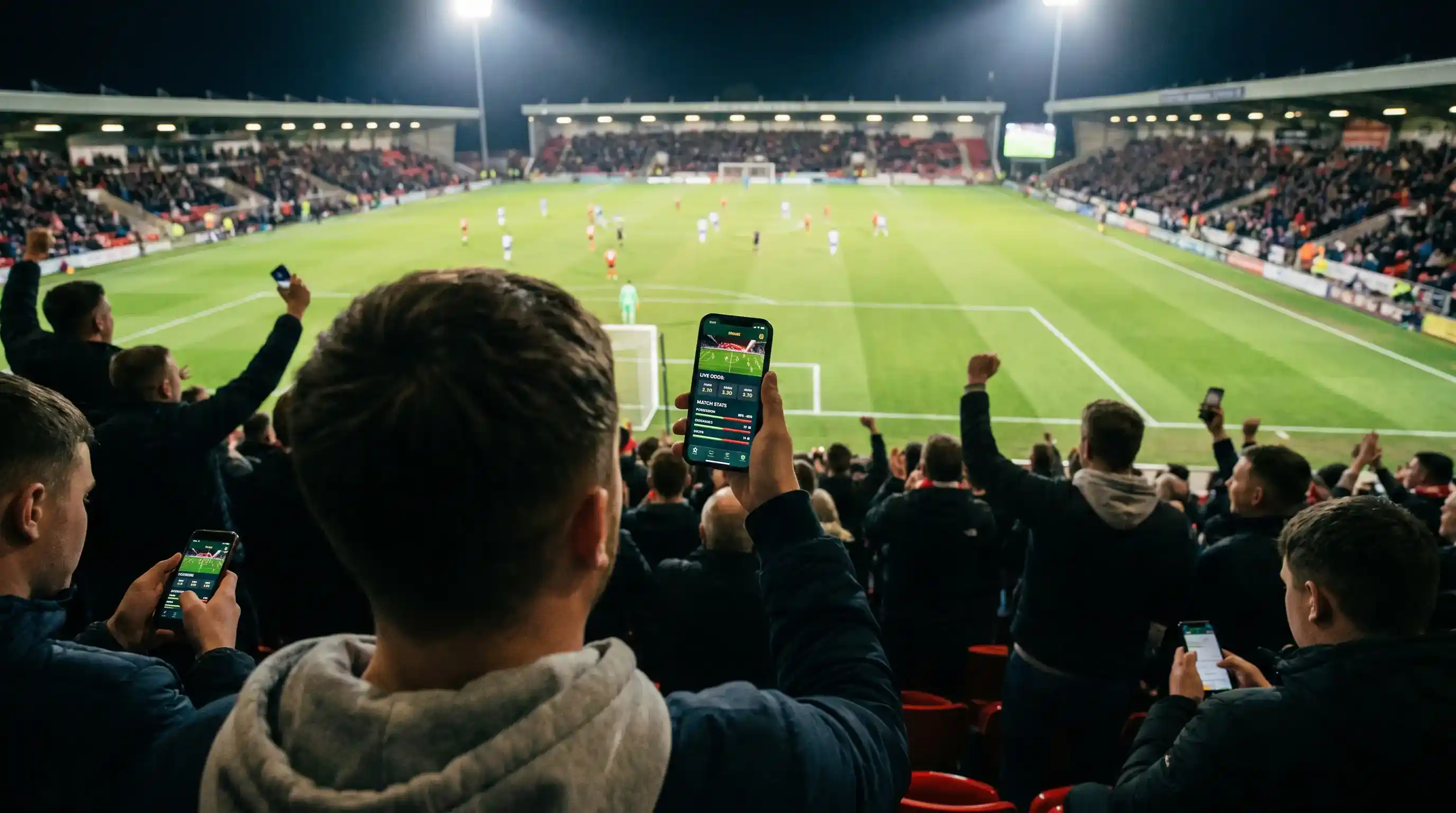 Aficionado apostando en directo desde smartphone en estadio de futbol