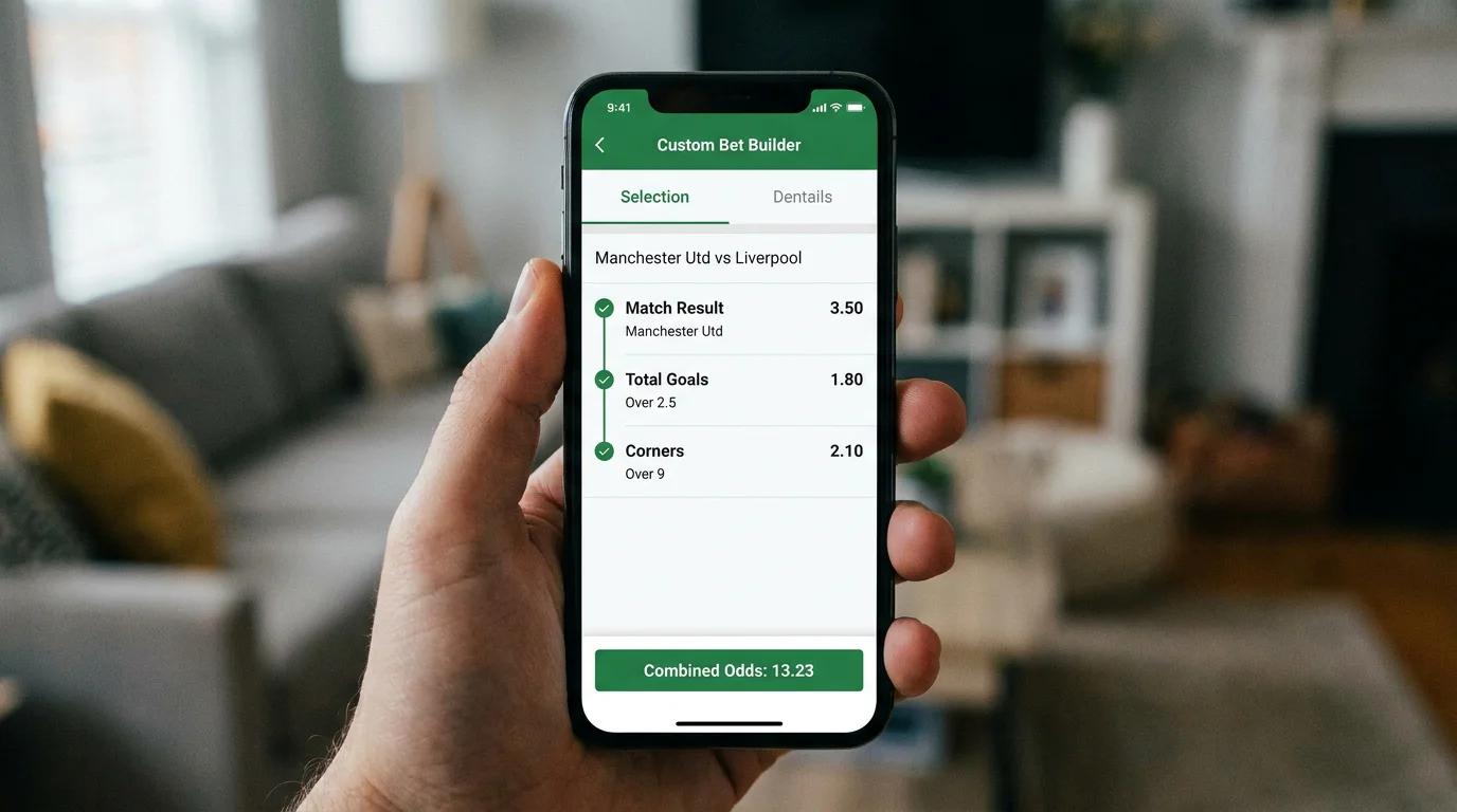 Interfaz de bet builder combinando mercados en app de apuestas de futbol