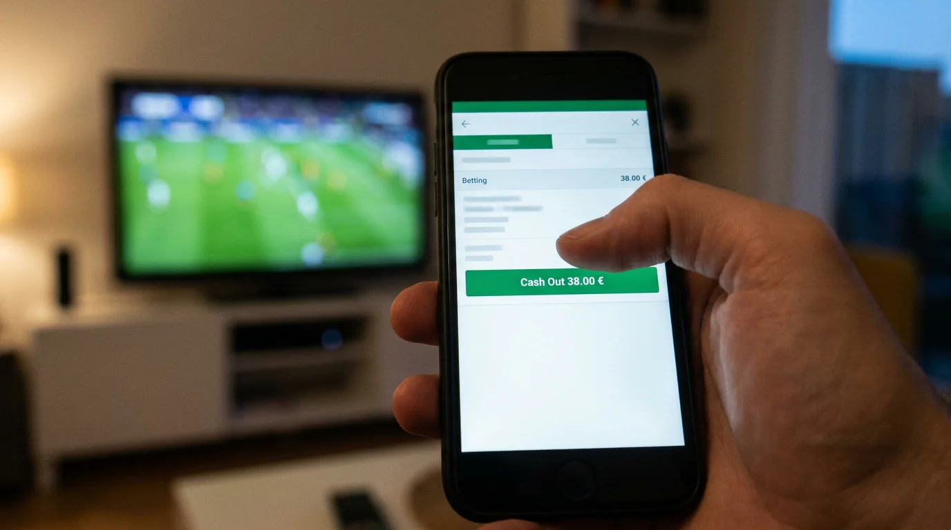 Pantalla de móvil mostrando la opción de cash out durante una apuesta de fútbol en vivo