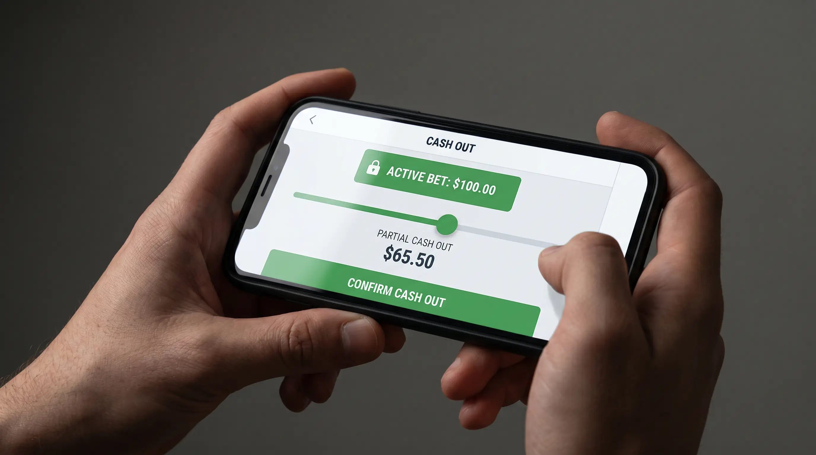 Pantalla de app mostrando opcion de cash out parcial en apuesta activa