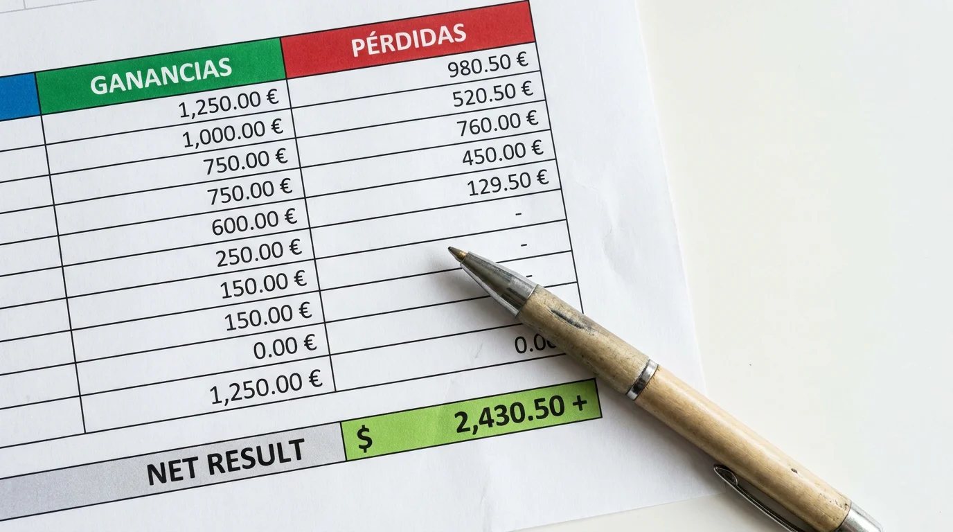 Hoja de calculo con balance de ganancias y perdidas de apuestas