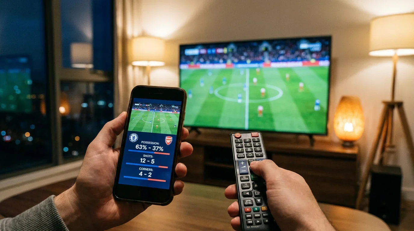 Smartphone mostrando estadisticas en vivo durante partido de futbol