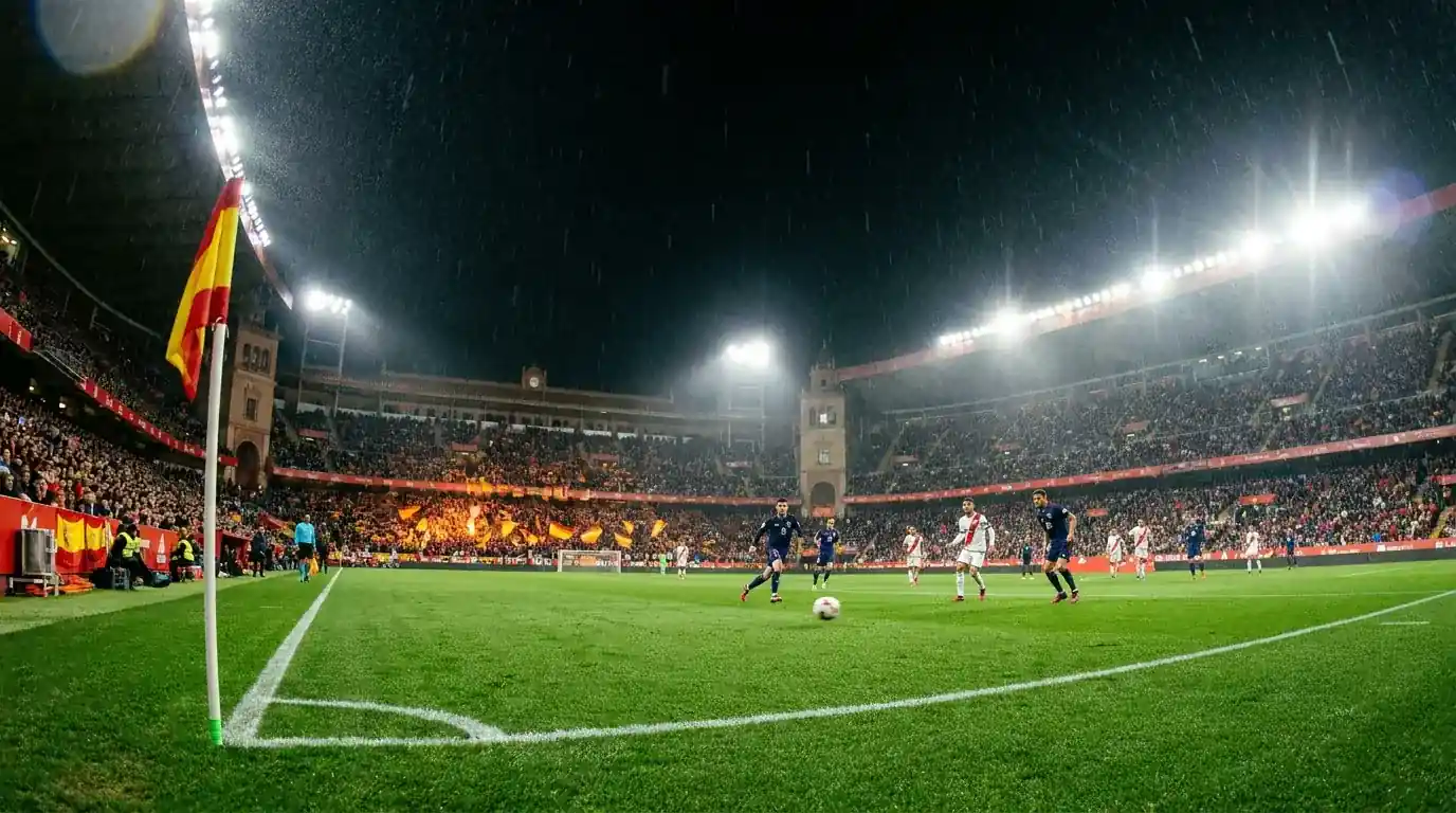 Estadio de LaLiga durante jornada nocturna con publico en las gradas