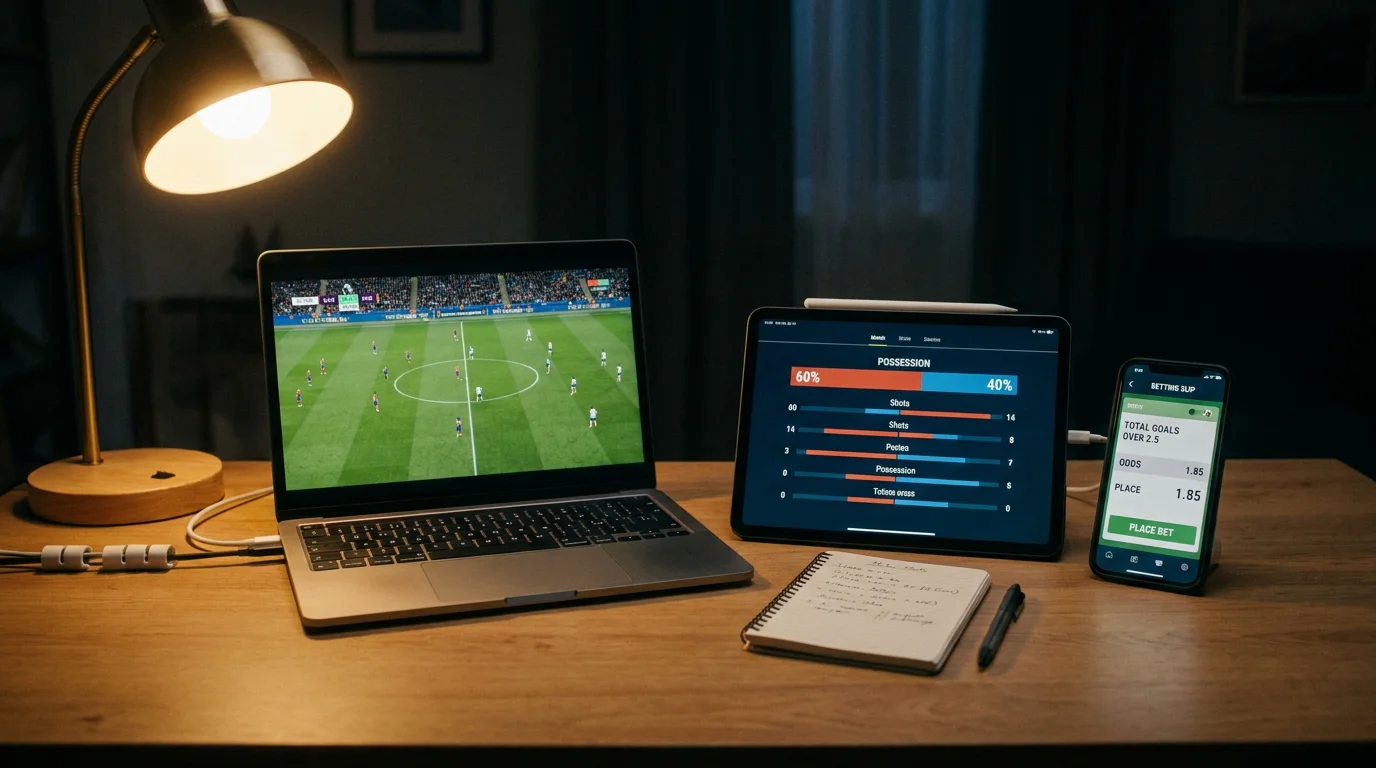 Setup de apostante con streaming de fútbol y estadísticas en tiempo real en múltiples pantallas