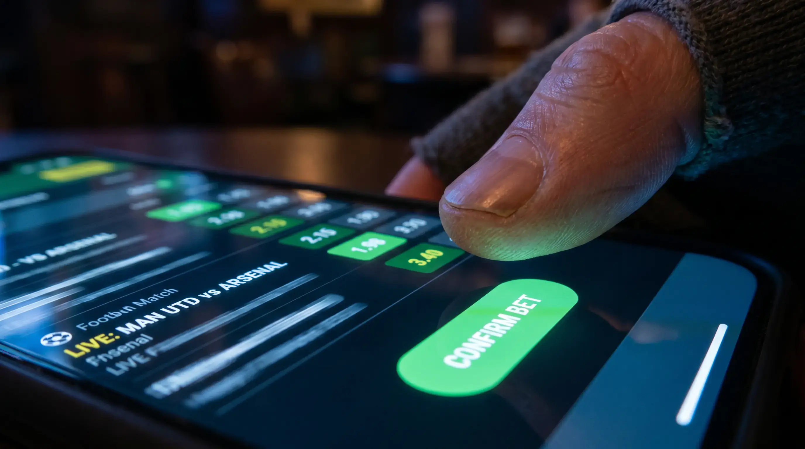Dedo pulsando boton de confirmar apuesta en pantalla de smartphone
