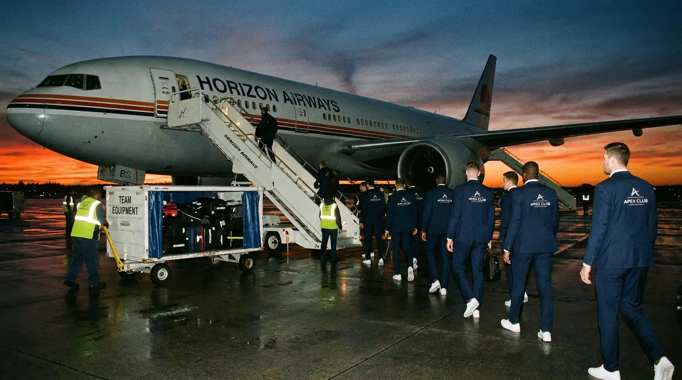 Equipo de futbol preparando desplazamiento para partido europeo